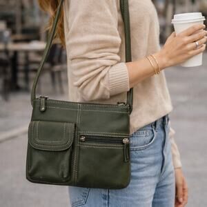 Tignanello Genuine Leather Olive Green Organizer Crossbody Bag Multi Pocket